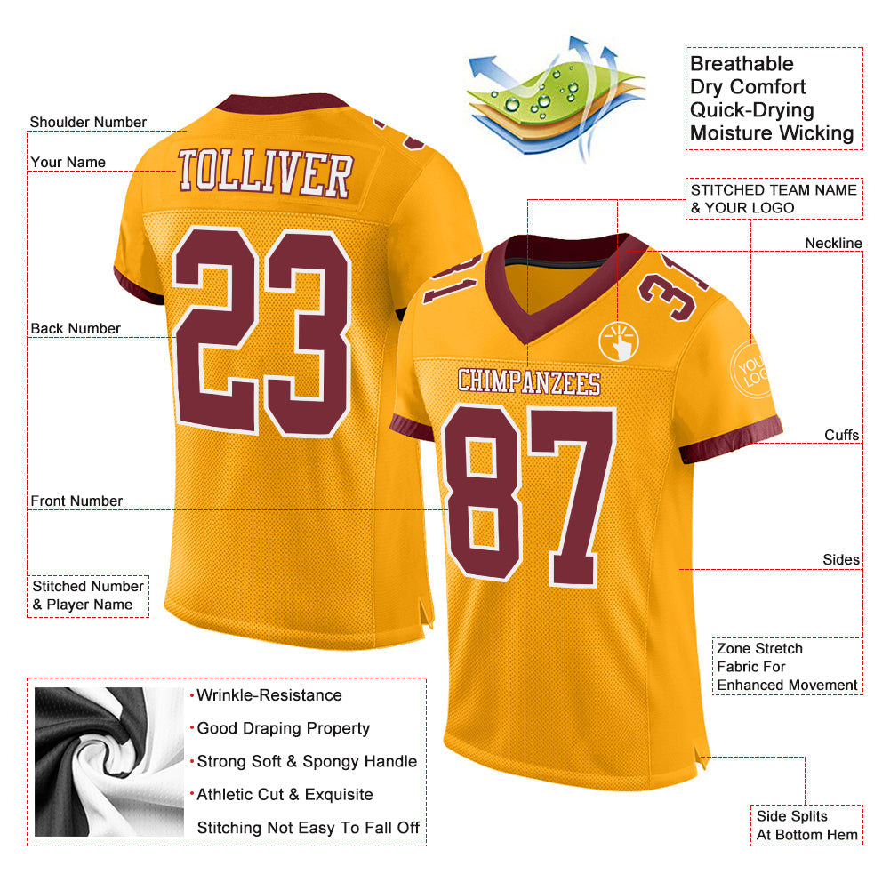 Custom Gold Burgundy-White Mesh Authentic Football Jersey view 2