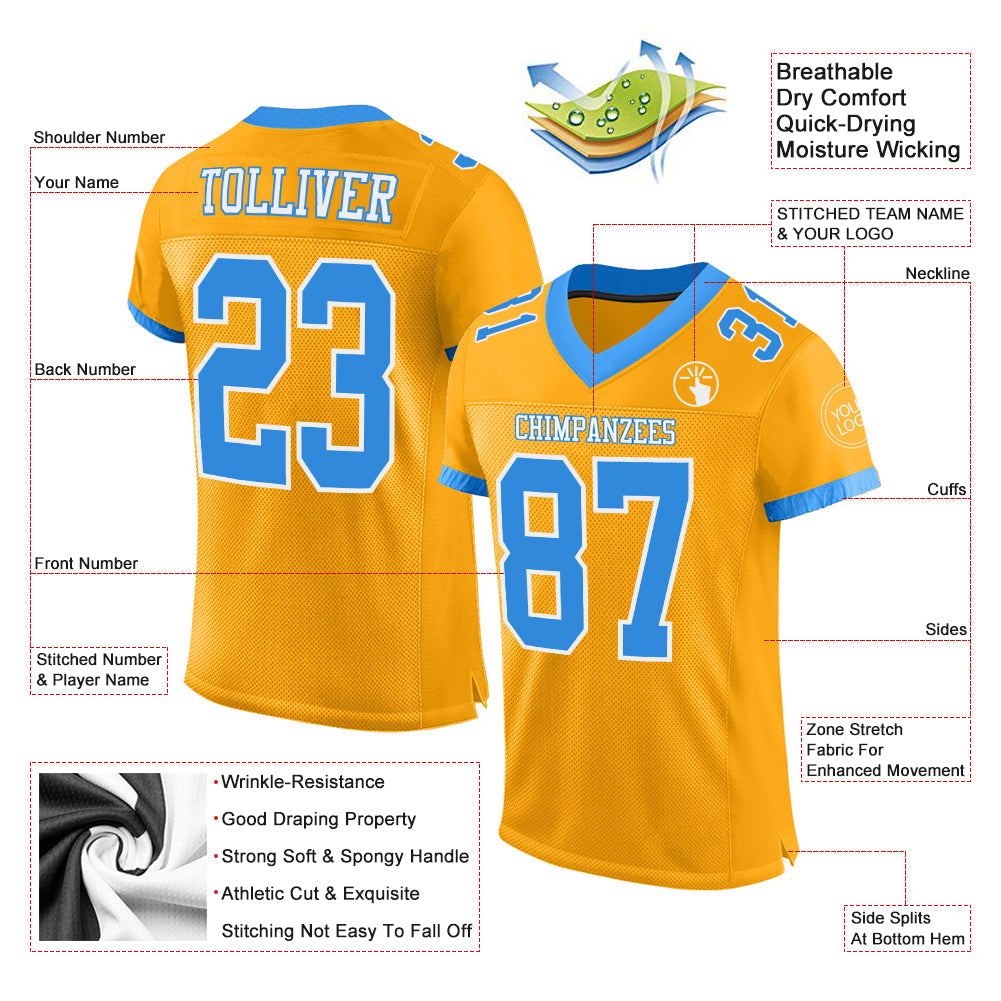 Custom Gold Powder Blue-White Mesh Authentic Football Jersey view 2