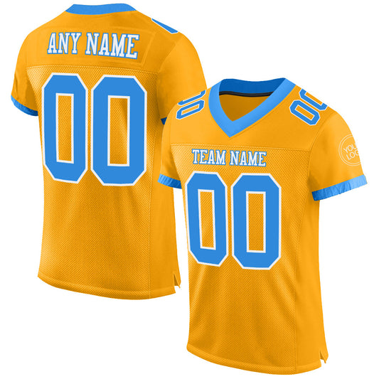 Custom Gold Powder Blue-White Mesh Authentic Football Jersey - Main View