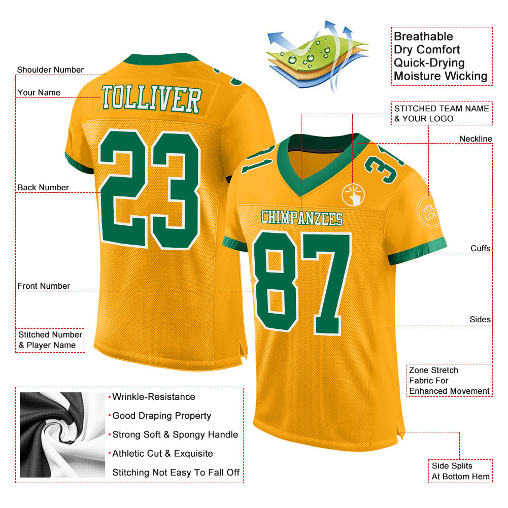 Custom Gold Kelly Green-White Mesh Authentic Football Jersey view 2