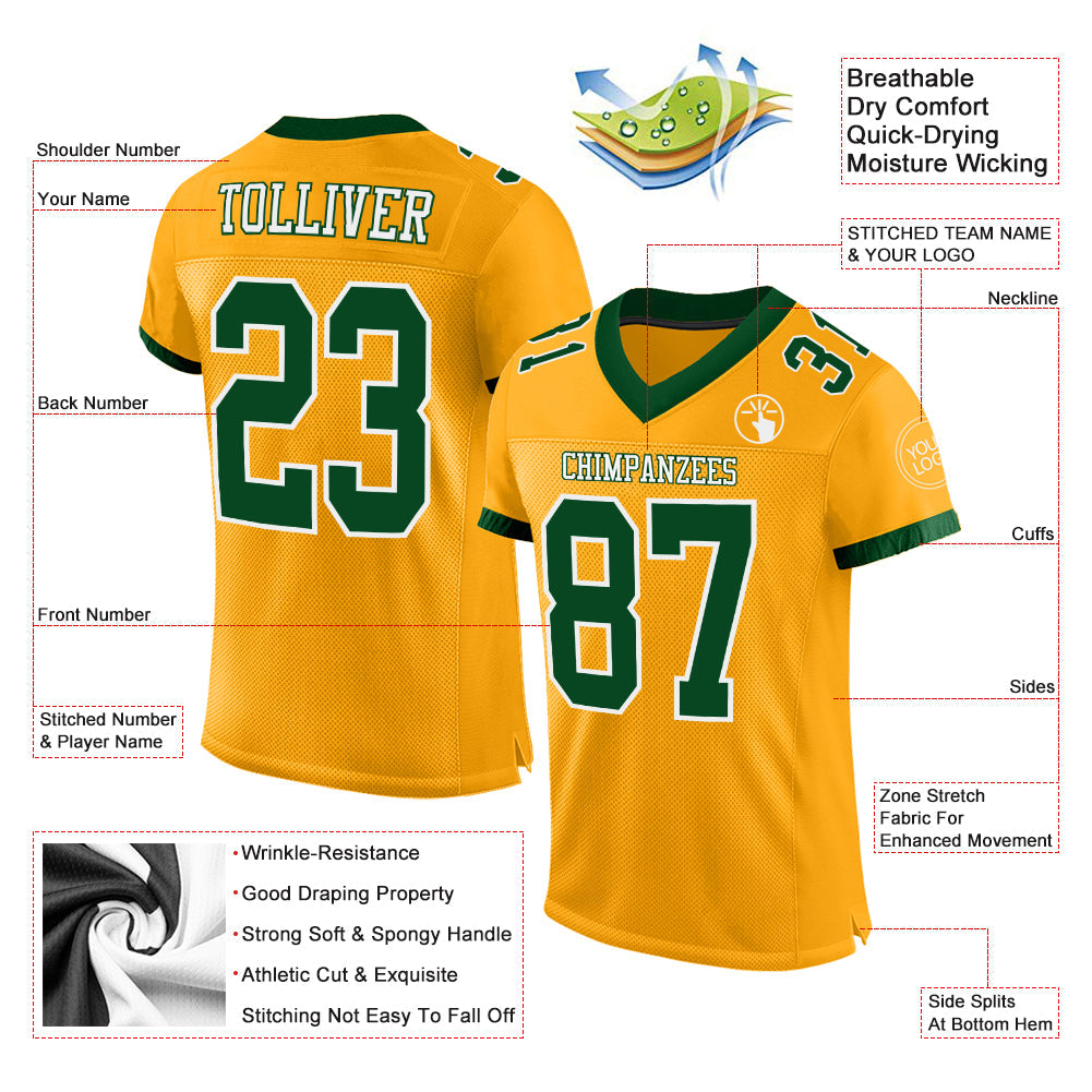 Custom Gold Green-White Mesh Authentic Football Jersey view 2