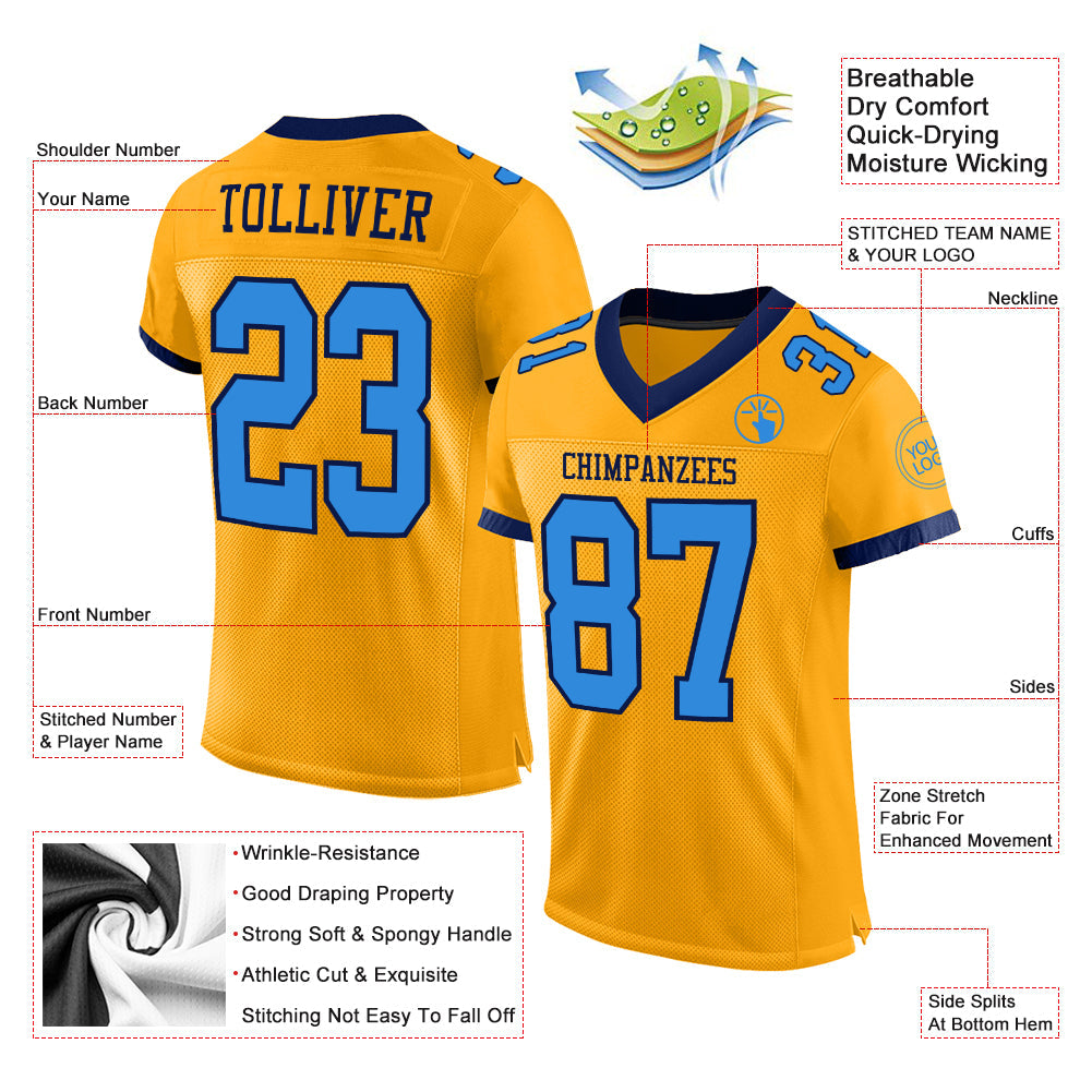 Custom Gold Powder Blue-Navy Mesh Authentic Football Jersey view 2