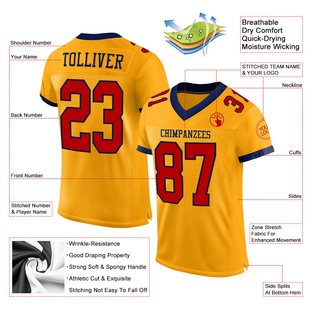 Custom Gold Red-Navy Mesh Authentic Football Jersey view 2