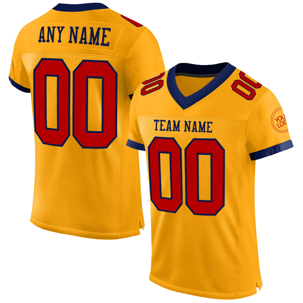 Custom Gold Red-Navy Mesh Authentic Football Jersey - Main View