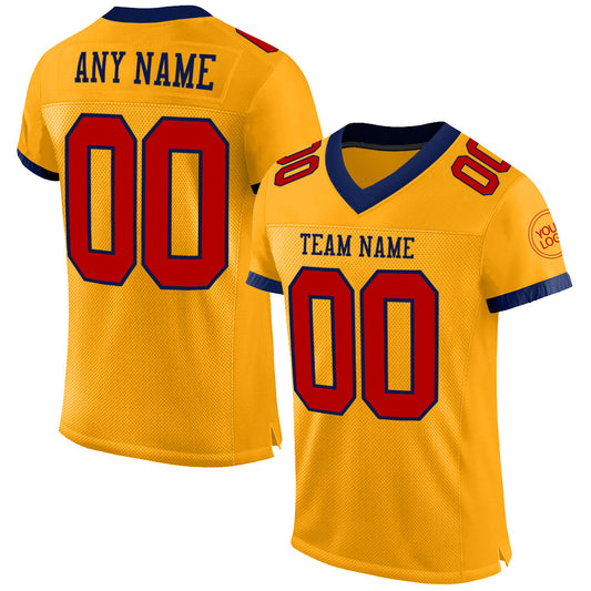Custom Gold Red-Navy Mesh Authentic Football Jersey - Main View