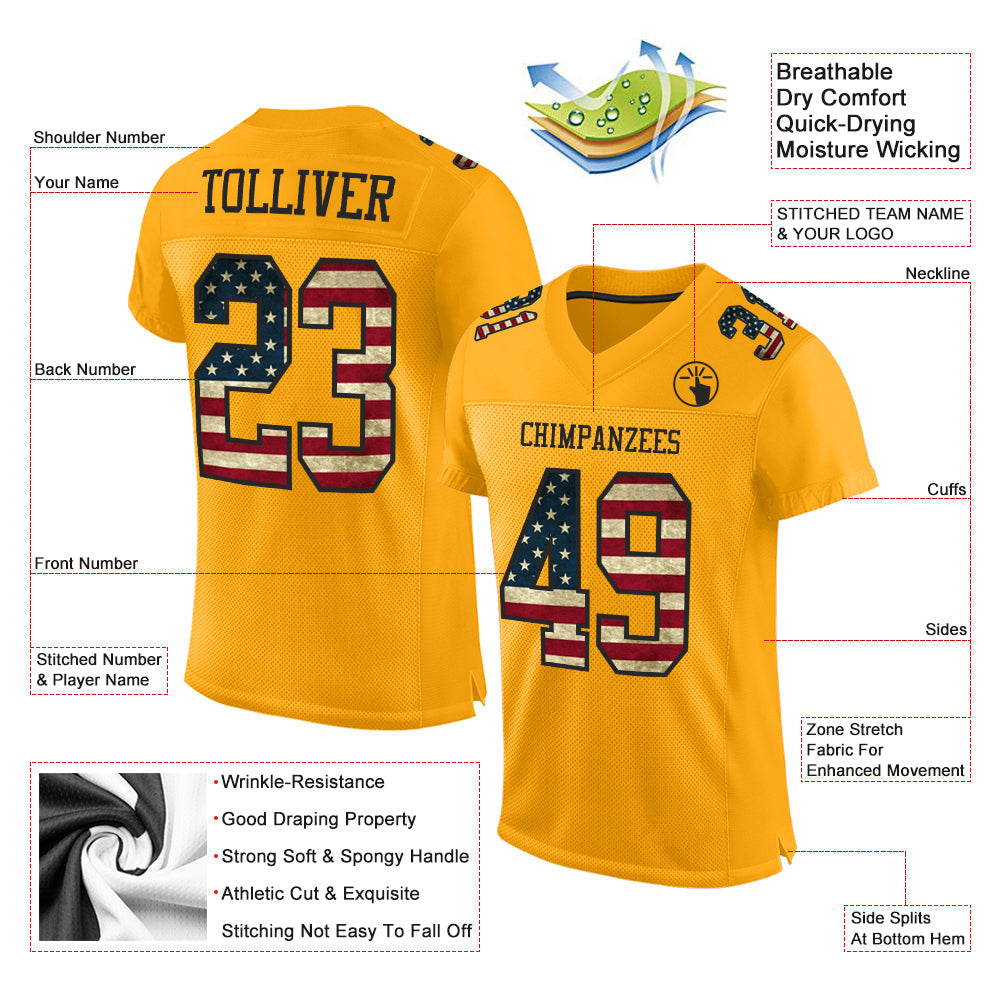 Custom Gold Vintage USA Flag-Black Mesh Authentic Football Jersey view 2