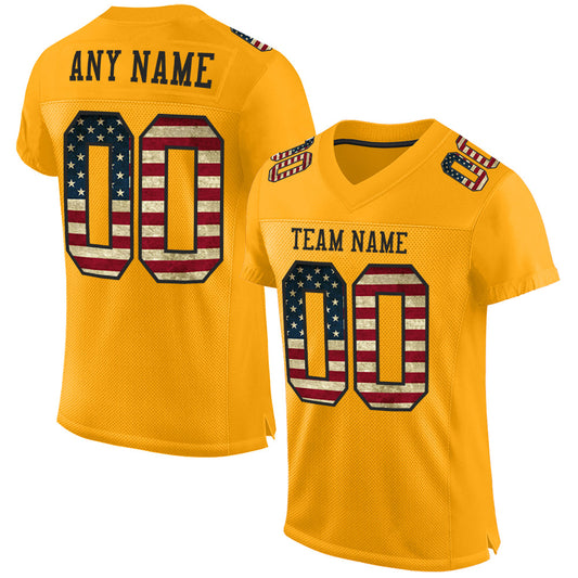 Custom Gold Vintage USA Flag-Black Mesh Authentic Football Jersey - Main View
