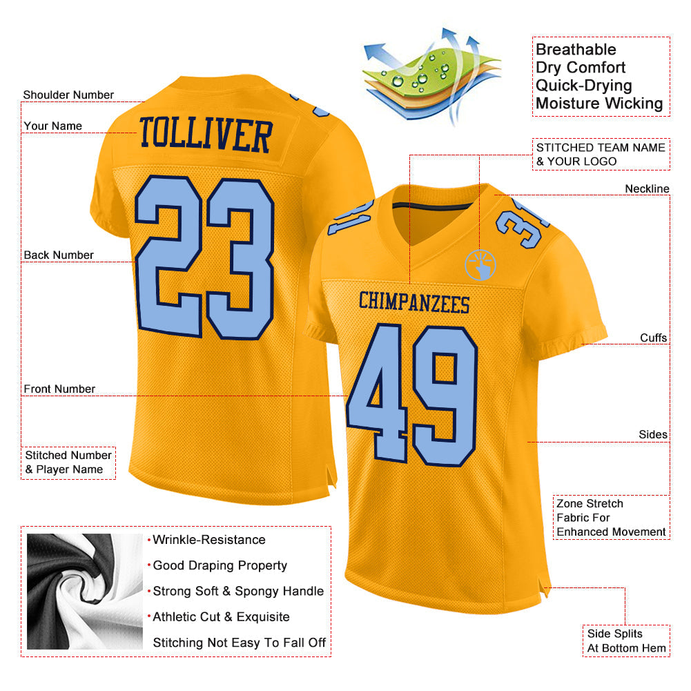Custom Gold Light Blue-Navy Mesh Authentic Football Jersey view 2