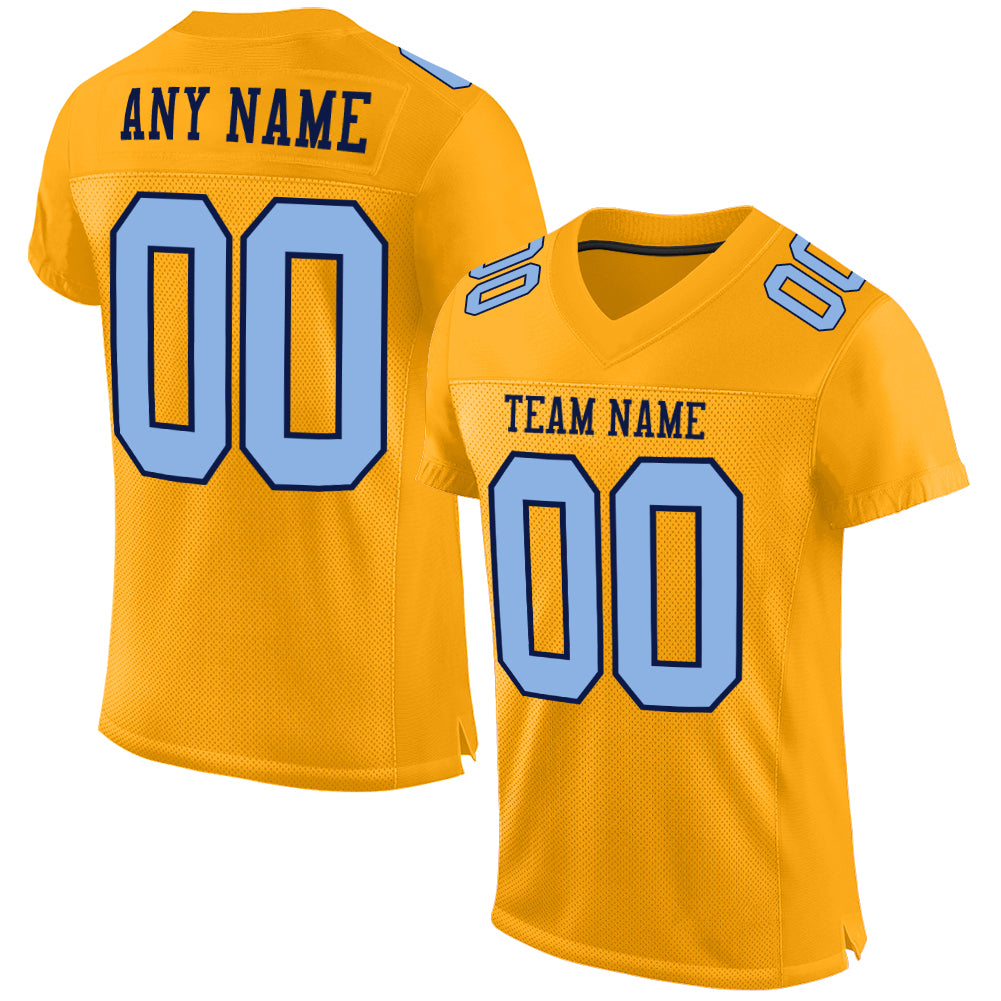 Custom Gold Light Blue-Navy Mesh Authentic Football Jersey - Main View