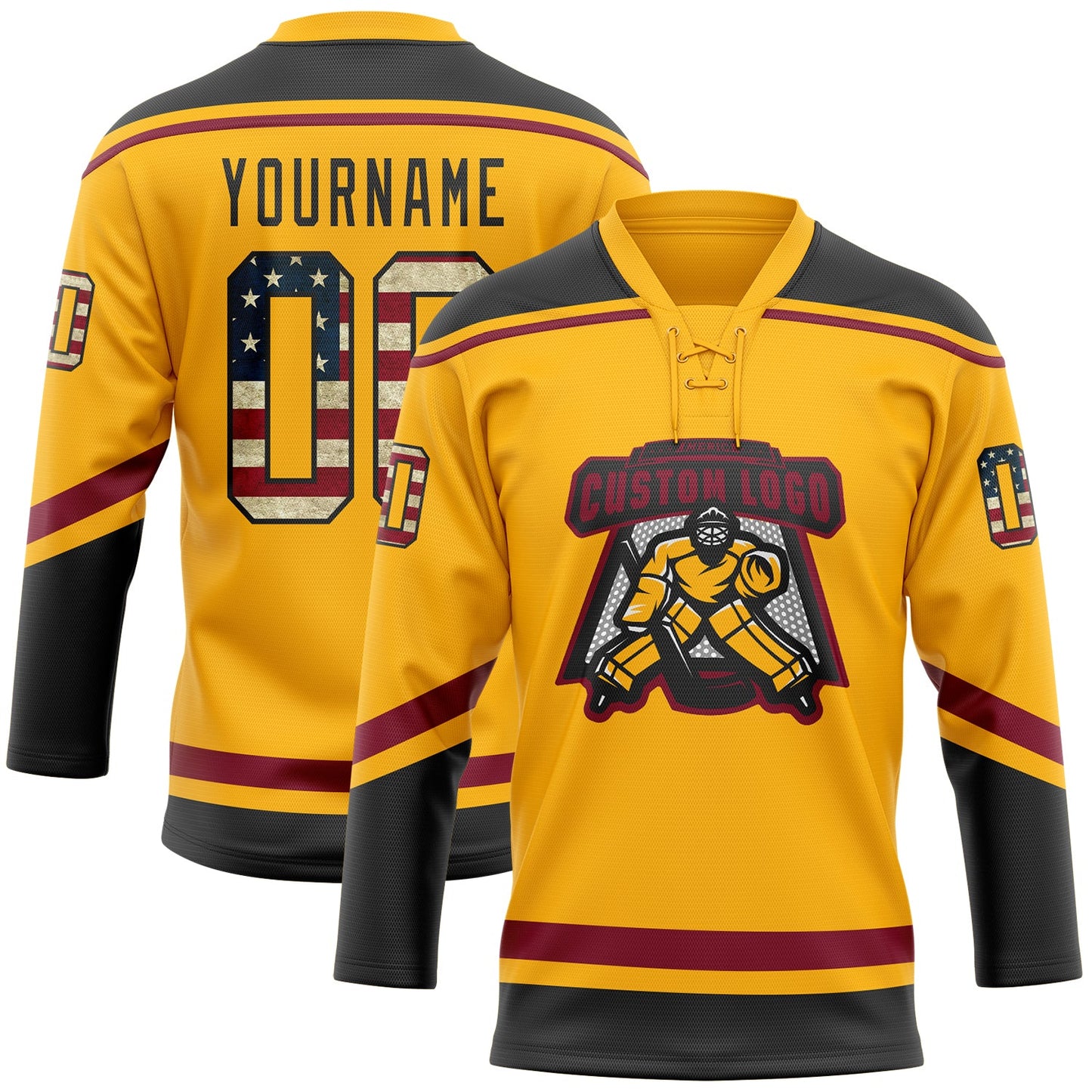 Custom Gold Vintage USA Flag Black-Crimson Hockey Lace Neck Jersey view 2