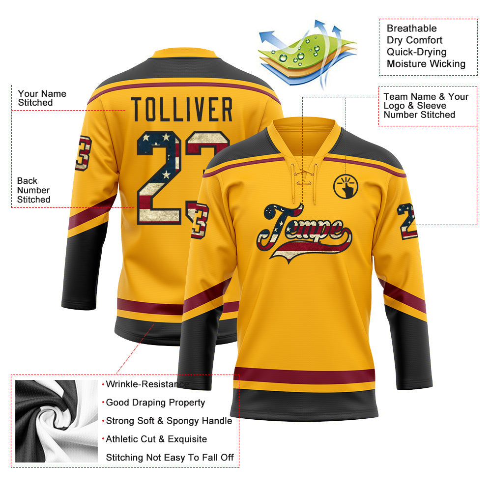 Custom Gold Vintage USA Flag Black-Crimson Hockey Lace Neck Jersey view 3