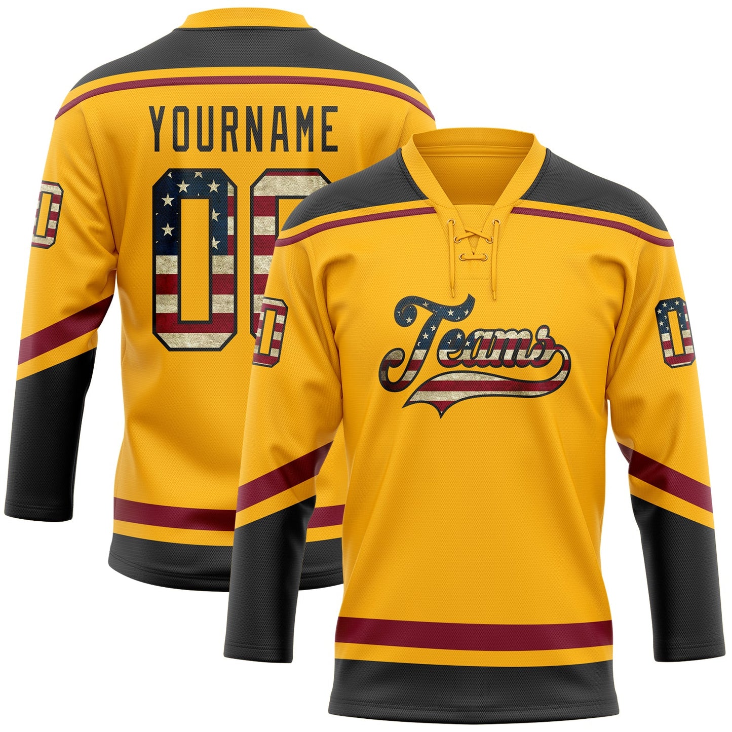 Custom Gold Vintage USA Flag Black-Crimson Hockey Lace Neck Jersey - Main View