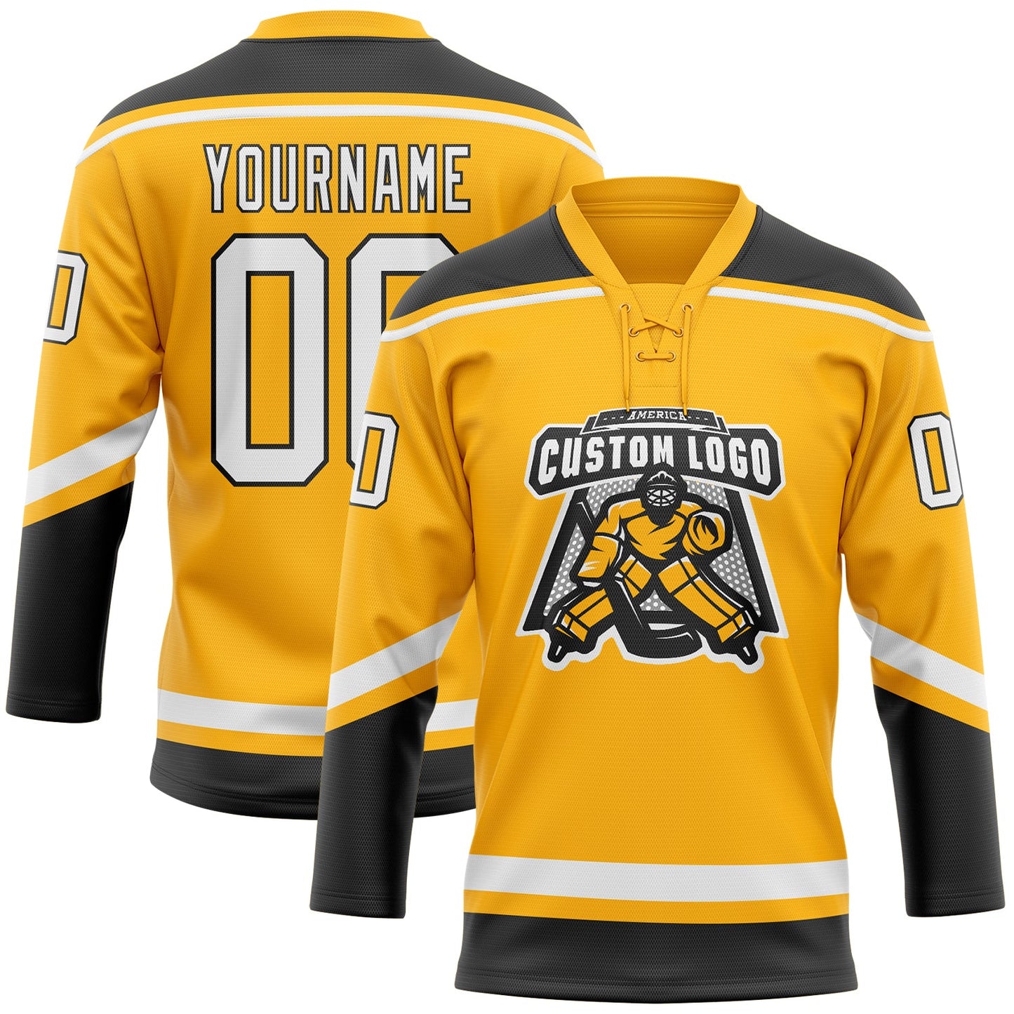 Custom Gold White-Black Hockey Lace Neck Jersey view 2