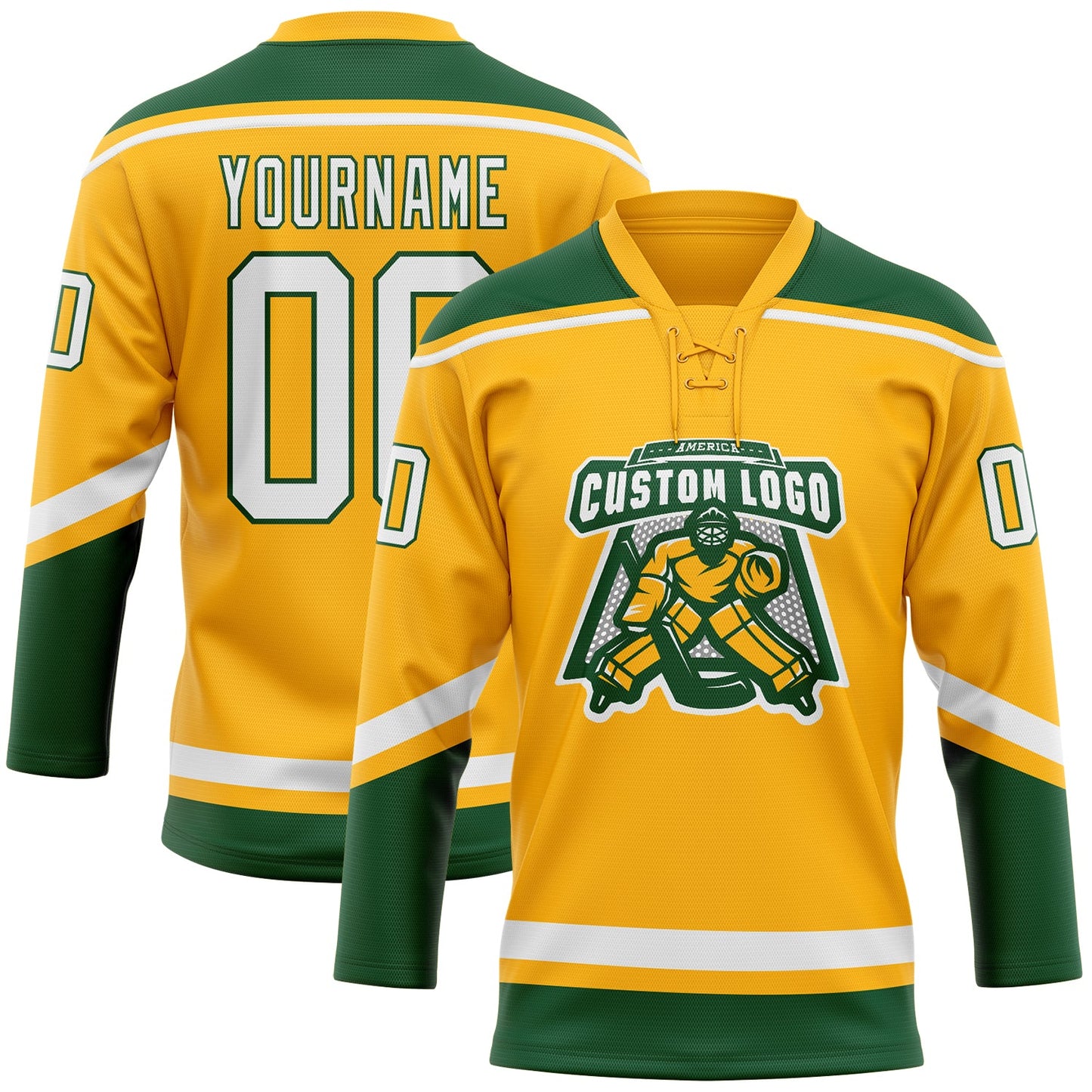 Custom Gold White-Green Hockey Lace Neck Jersey view 2