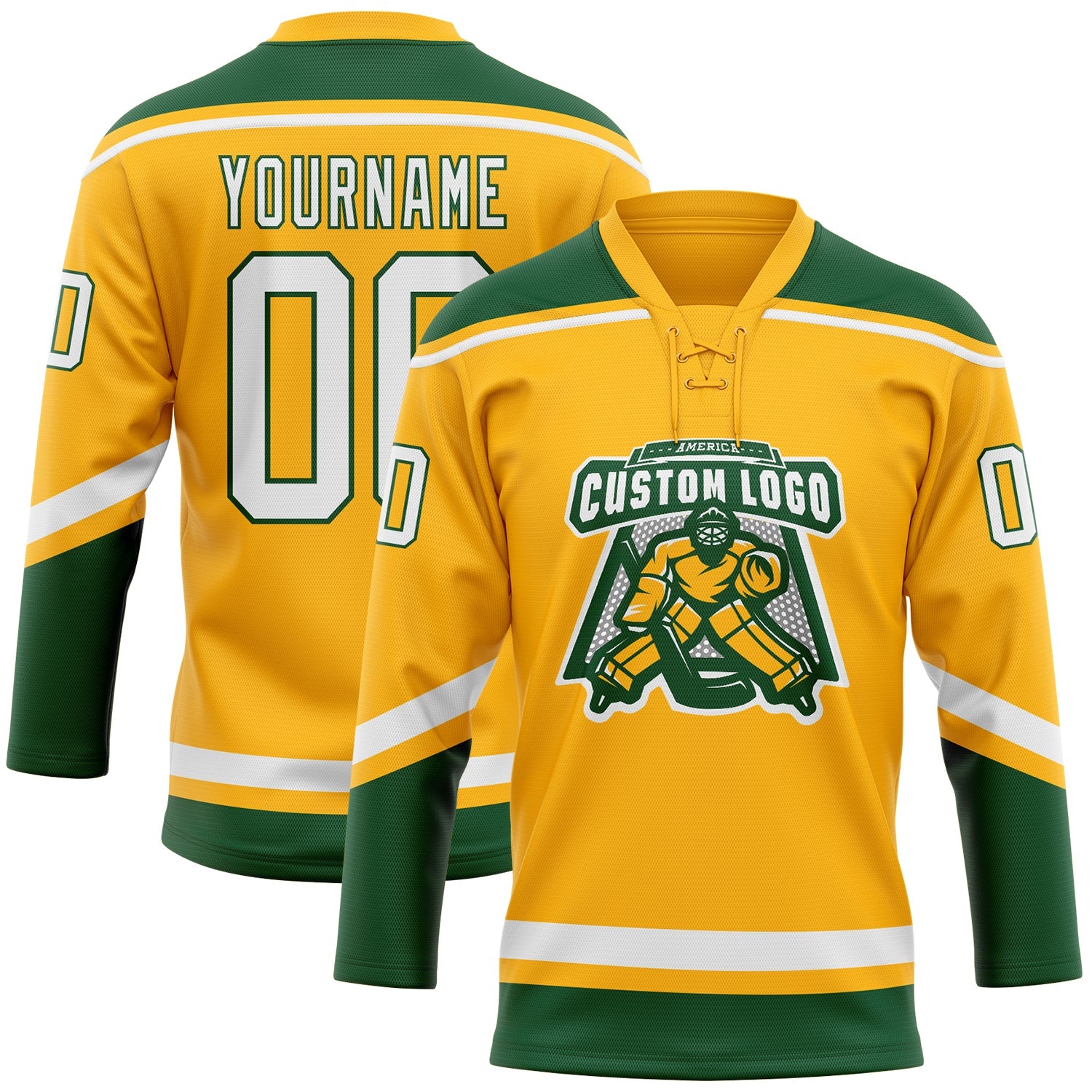 Custom Gold White-Green Hockey Lace Neck Jersey view 2