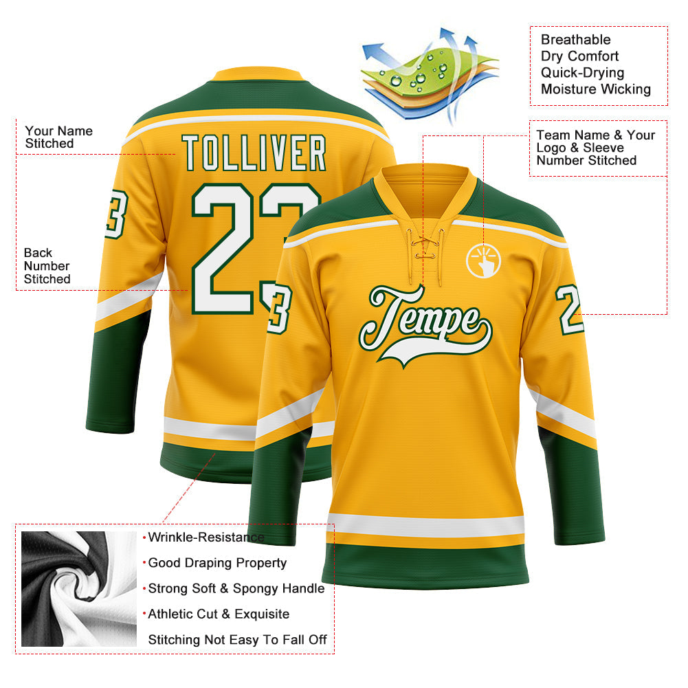 Custom Gold White-Green Hockey Lace Neck Jersey view 3