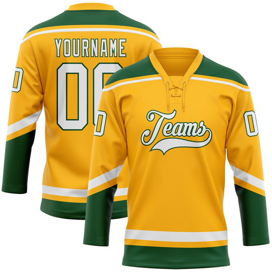 Custom Gold White-Green Hockey Lace Neck Jersey - Main View