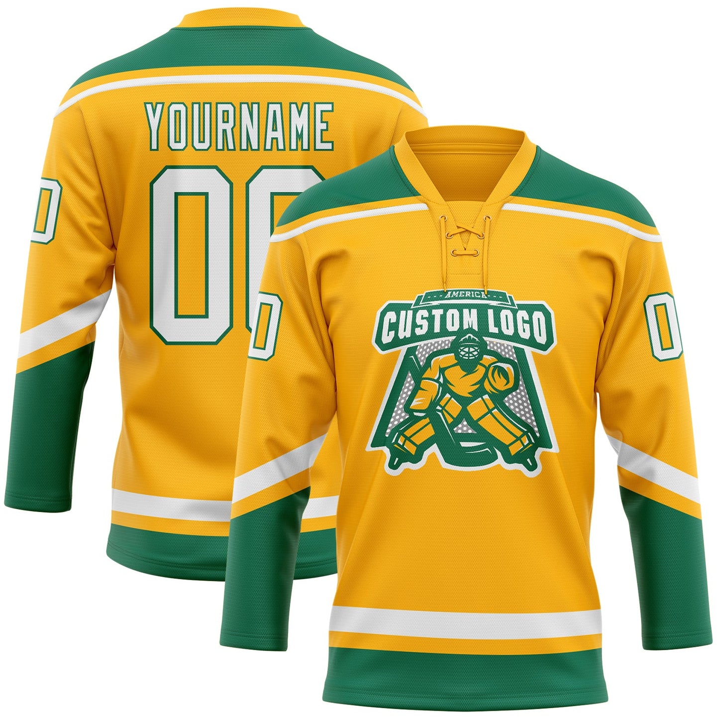 Custom Gold White-Kelly Green Hockey Lace Neck Jersey view 2