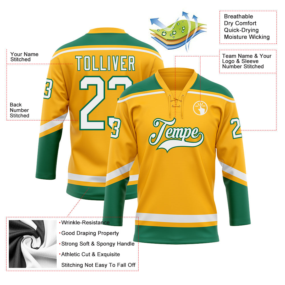 Custom Gold White-Kelly Green Hockey Lace Neck Jersey view 3
