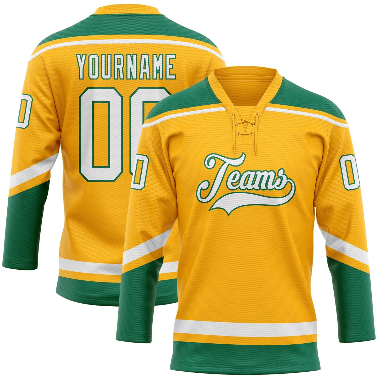 Custom Gold White-Kelly Green Hockey Lace Neck Jersey - Main View
