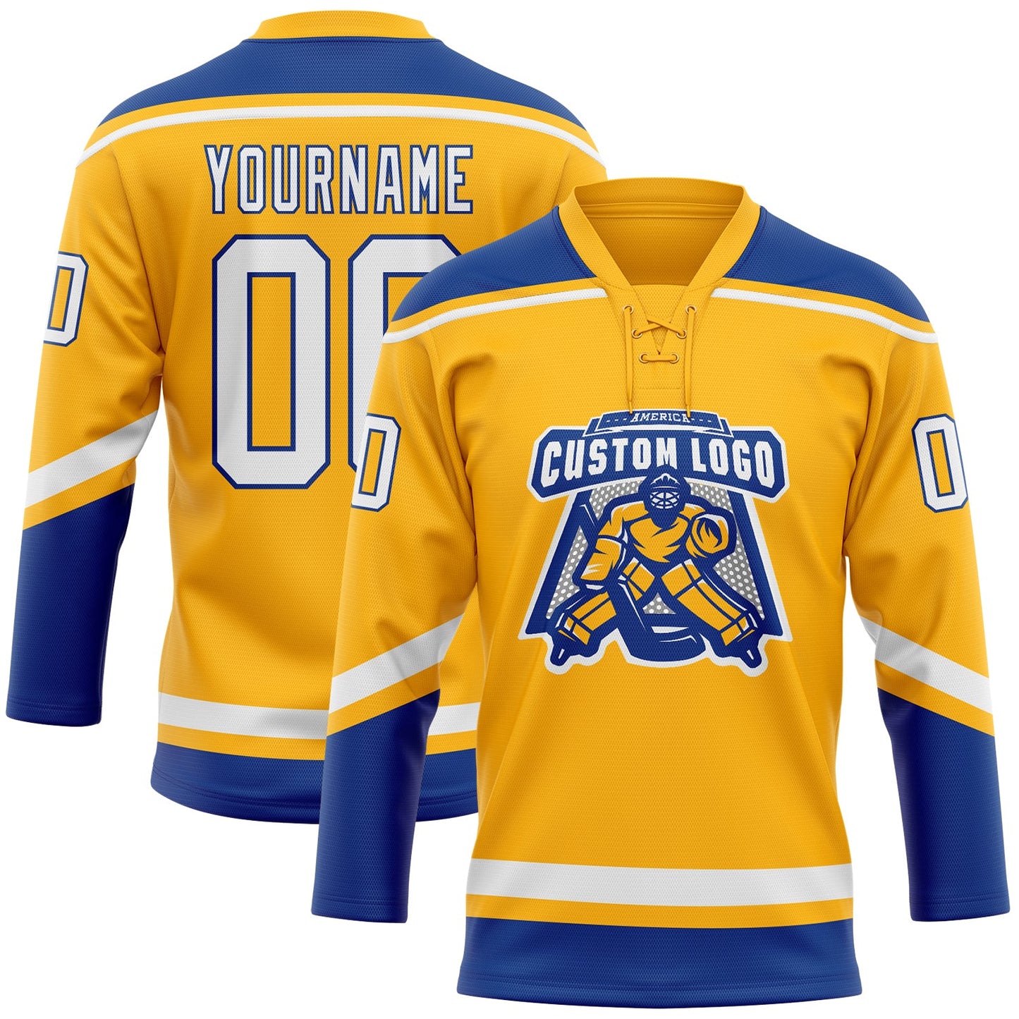 Custom Gold White-Royal Hockey Lace Neck Jersey view 2