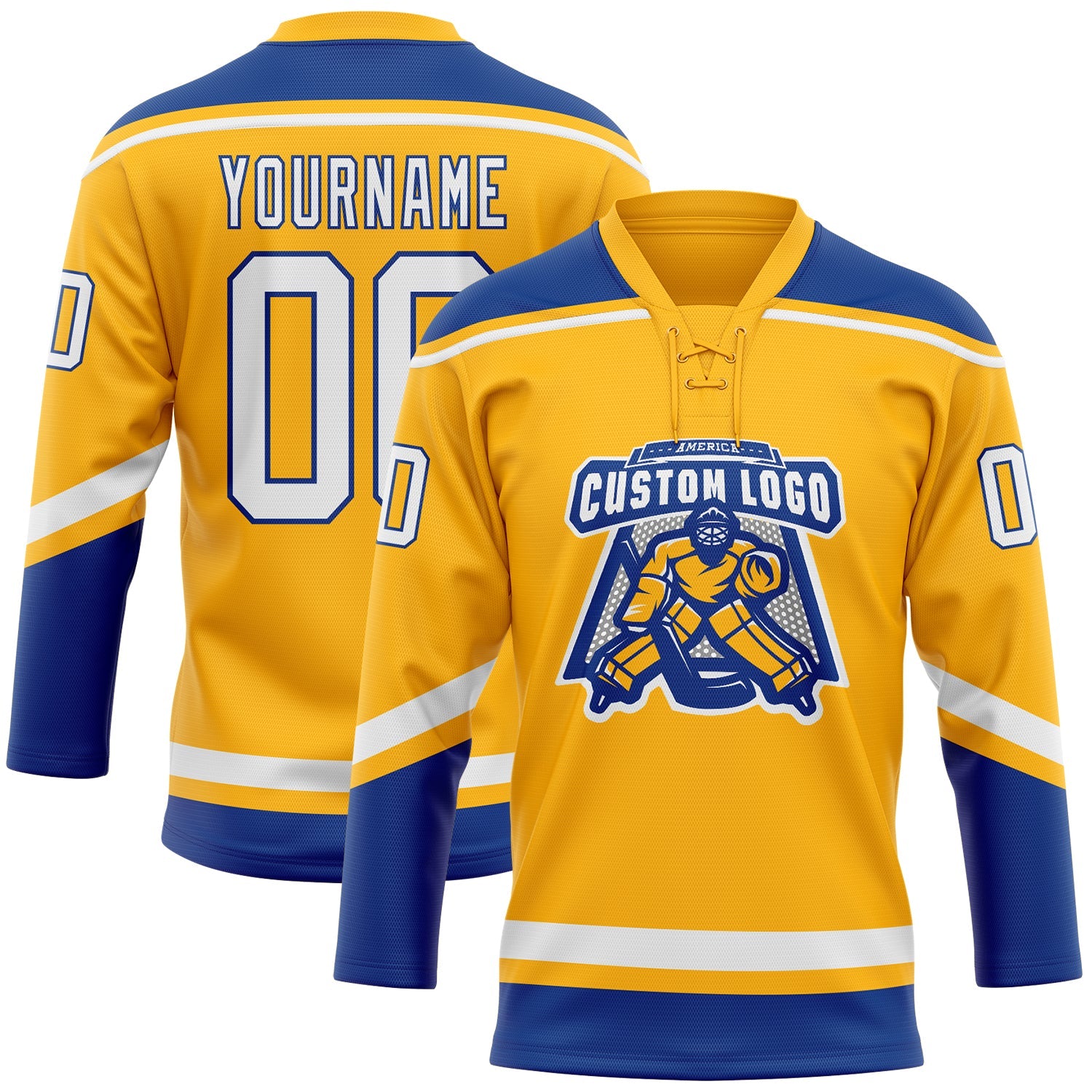 Custom Gold White-Royal Hockey Lace Neck Jersey view 2