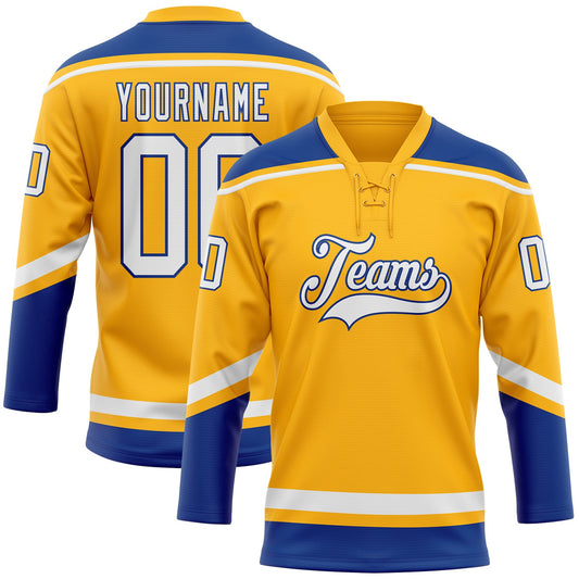 Custom Gold White-Royal Hockey Lace Neck Jersey - Main View