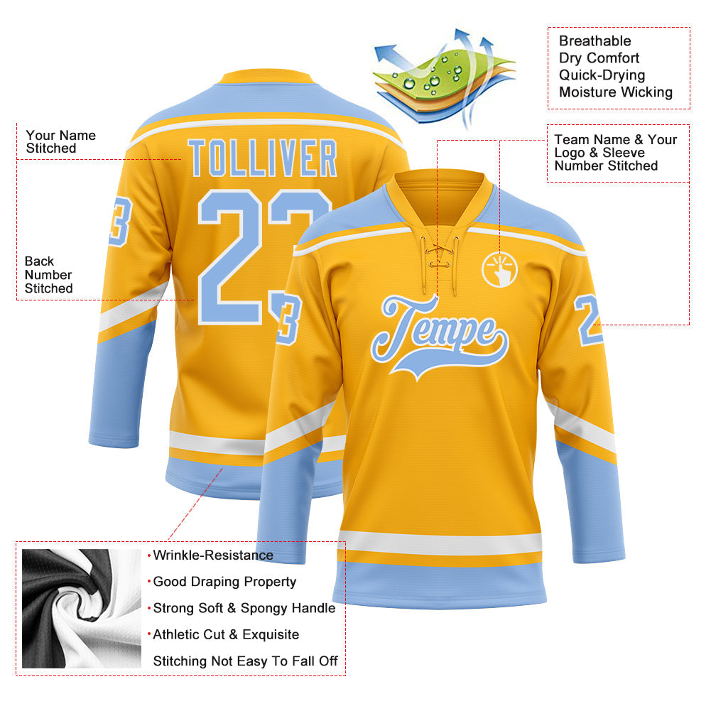 Custom Gold White-Light Blue Hockey Lace Neck Jersey view 3