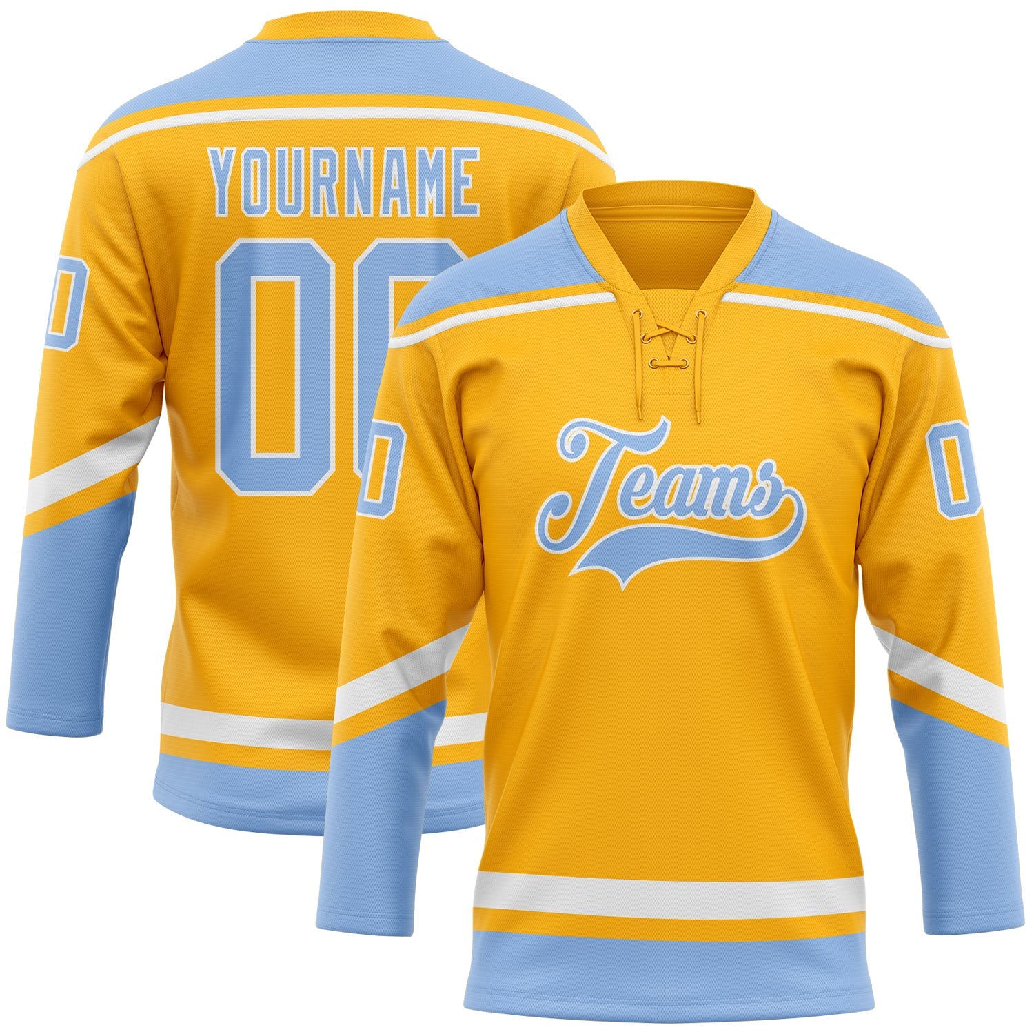 Custom Gold White-Light Blue Hockey Lace Neck Jersey - Main View