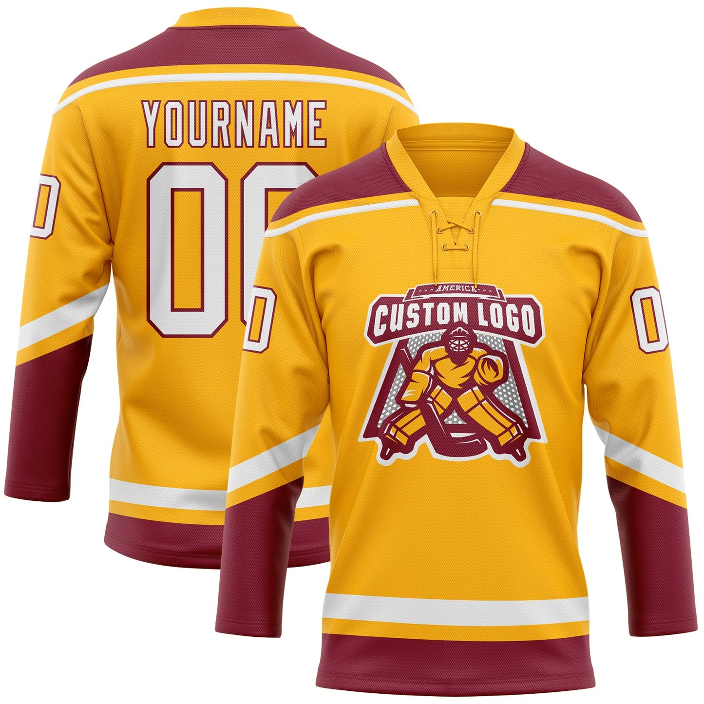 Custom Gold White-Crimson Hockey Lace Neck Jersey view 2