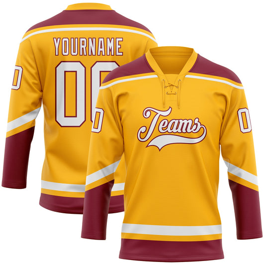 Custom Gold White-Crimson Hockey Lace Neck Jersey - Main View
