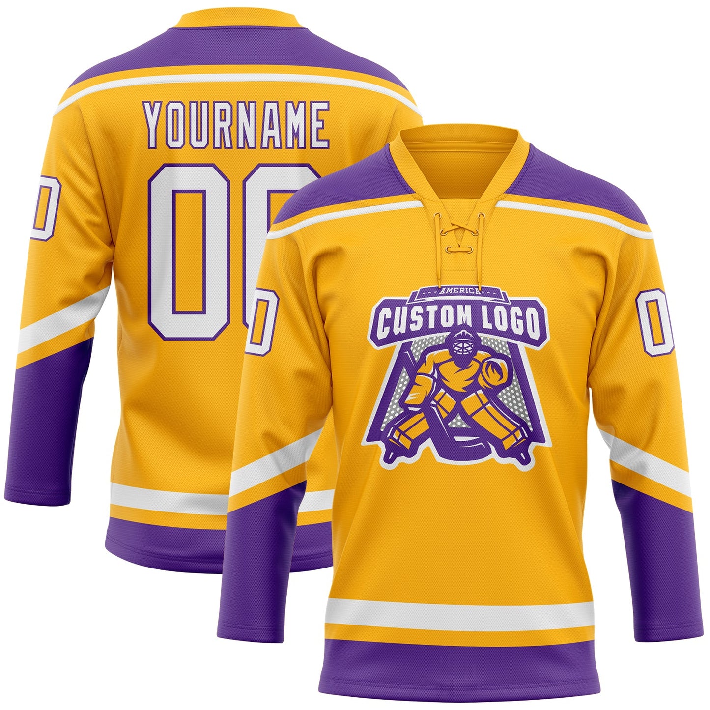 Custom Gold White-Purple Hockey Lace Neck Jersey view 2