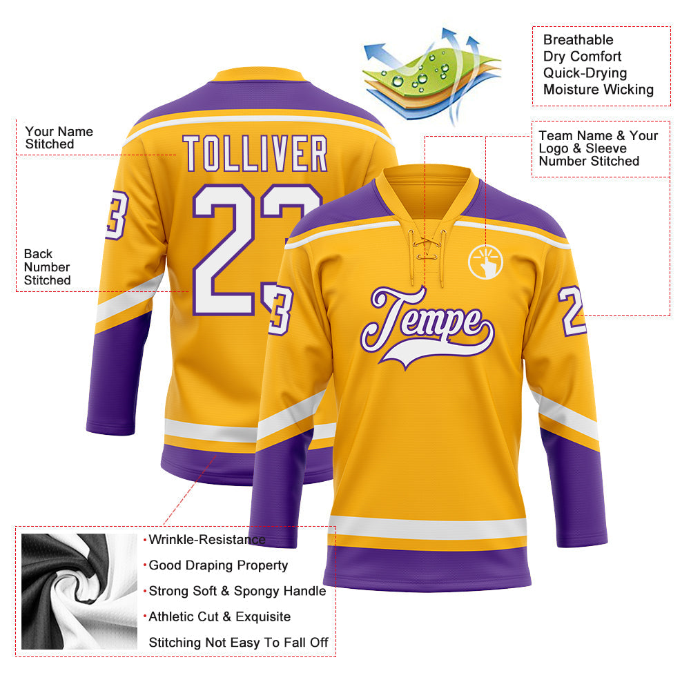 Custom Gold White-Purple Hockey Lace Neck Jersey view 3
