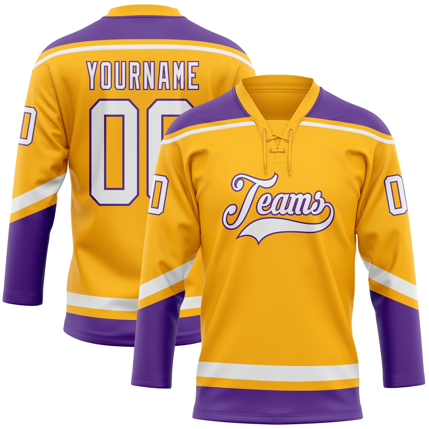 Custom Gold White-Purple Hockey Lace Neck Jersey - Main View