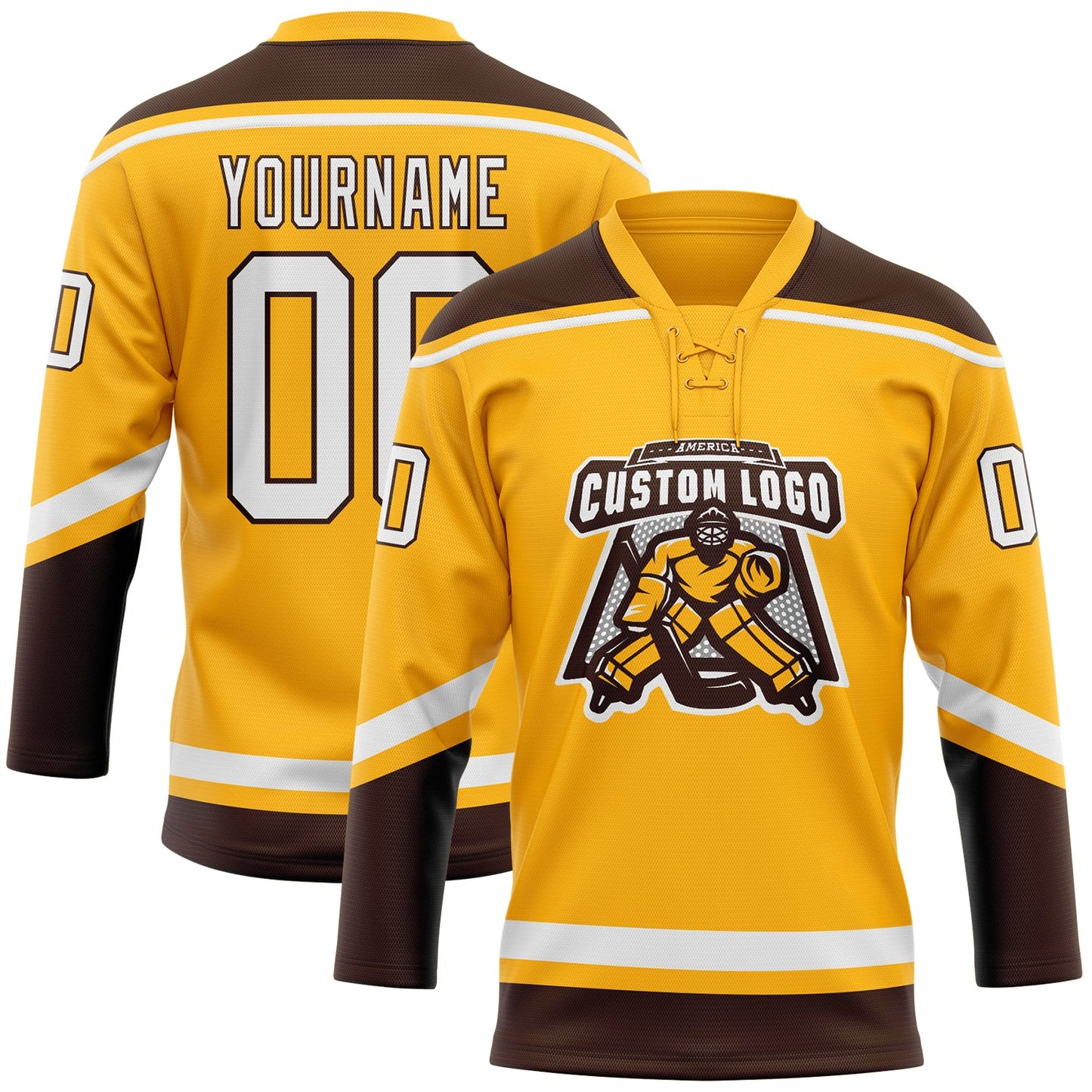 Custom Gold White-Brown Hockey Lace Neck Jersey view 2
