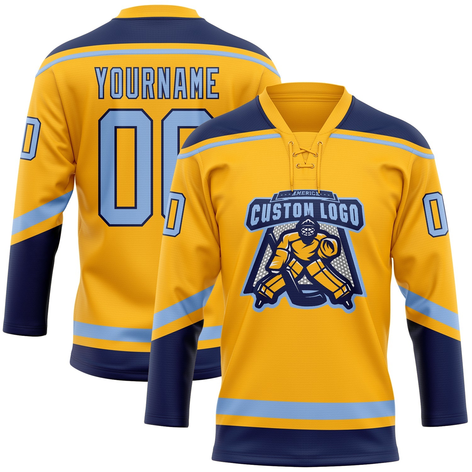 Custom Gold Light Blue-Navy Hockey Lace Neck Jersey view 2