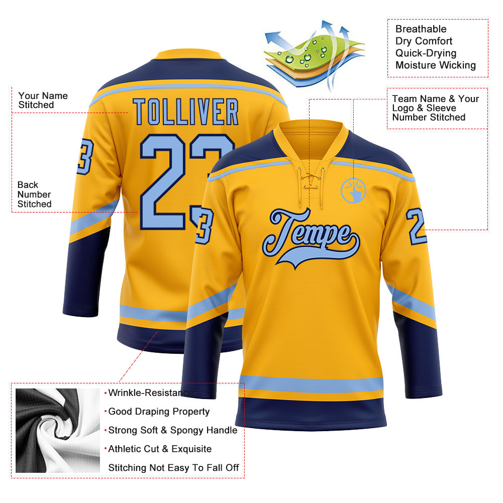 Custom Gold Light Blue-Navy Hockey Lace Neck Jersey view 3