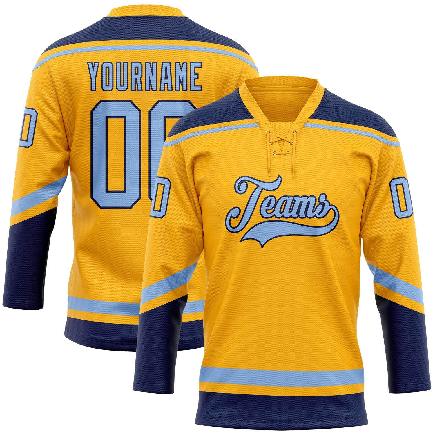 Custom Gold Light Blue-Navy Hockey Lace Neck Jersey - Main View