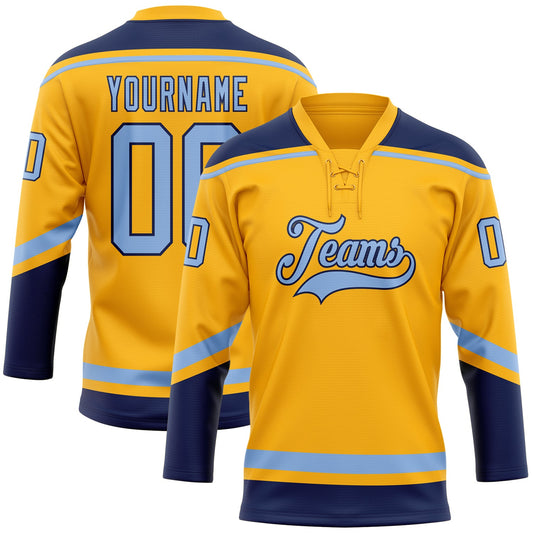 Custom Gold Light Blue-Navy Hockey Lace Neck Jersey - Main View