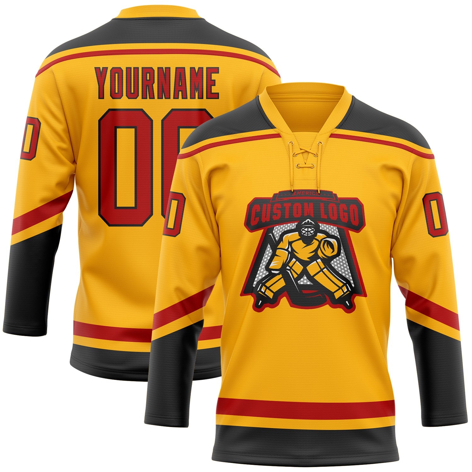 Custom Gold Red-Black Hockey Lace Neck Jersey view 2