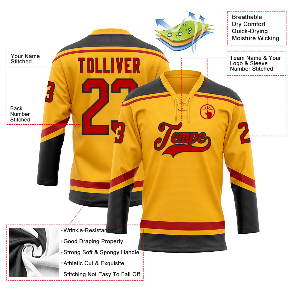 Custom Gold Red-Black Hockey Lace Neck Jersey view 3