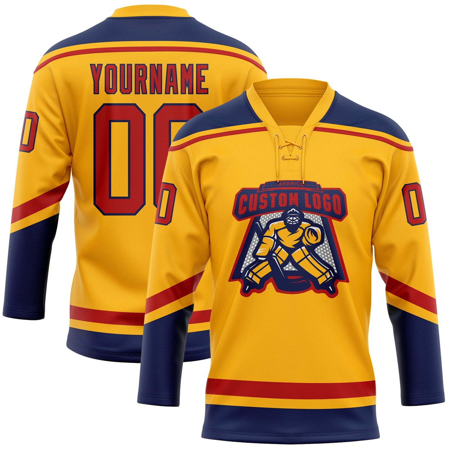 Custom Gold Red-Navy Hockey Lace Neck Jersey view 2