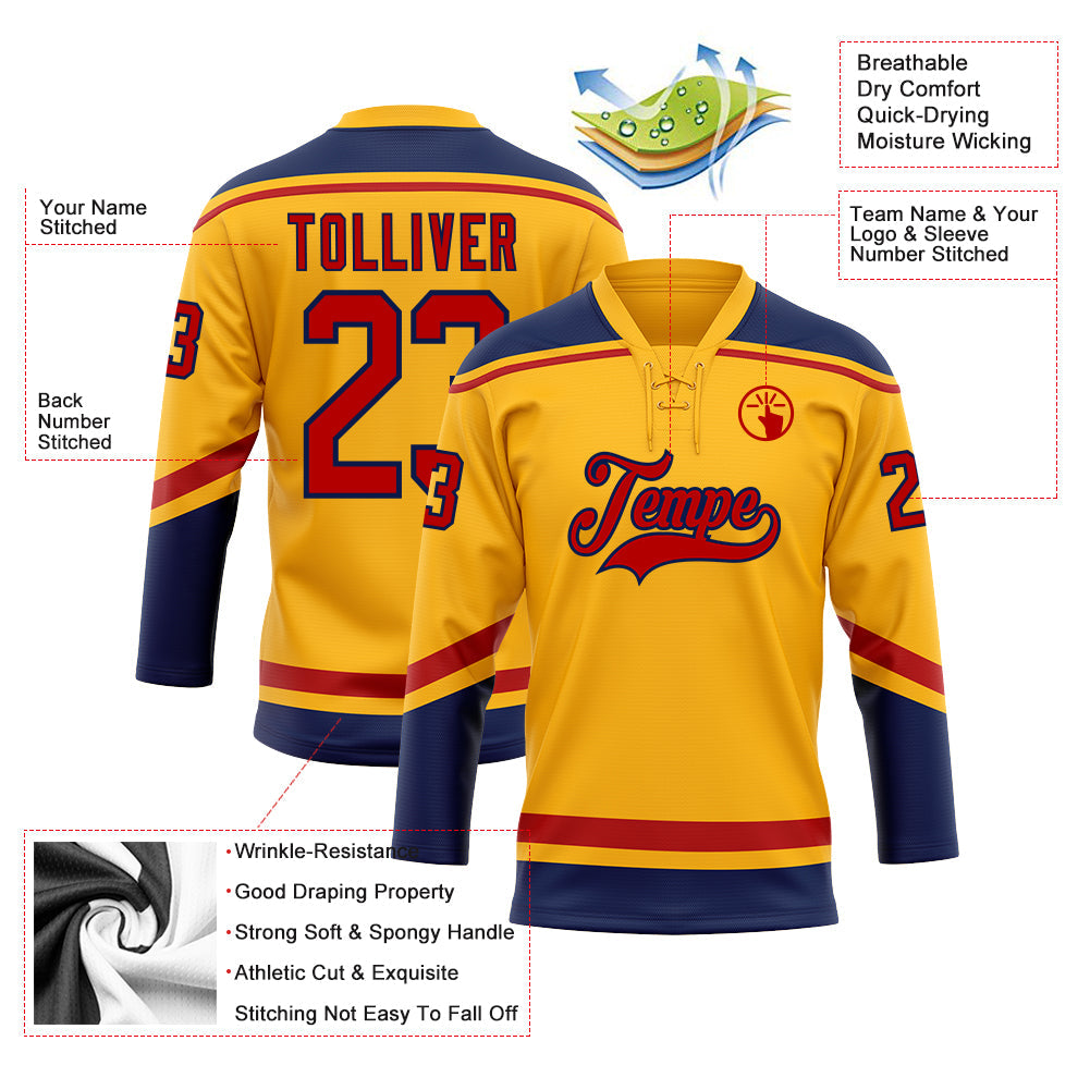 Custom Gold Red-Navy Hockey Lace Neck Jersey view 3