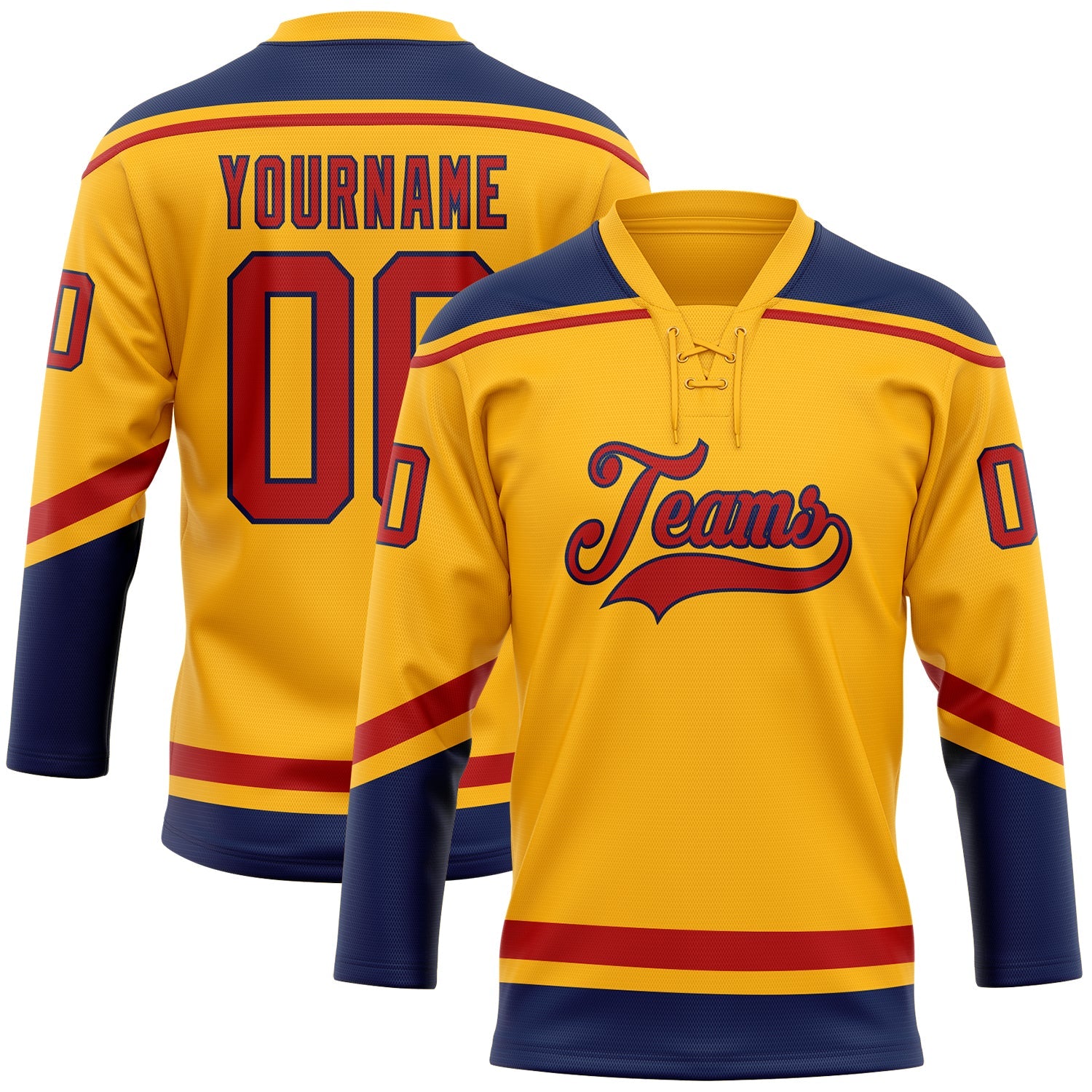 Custom Gold Red-Navy Hockey Lace Neck Jersey - Main View