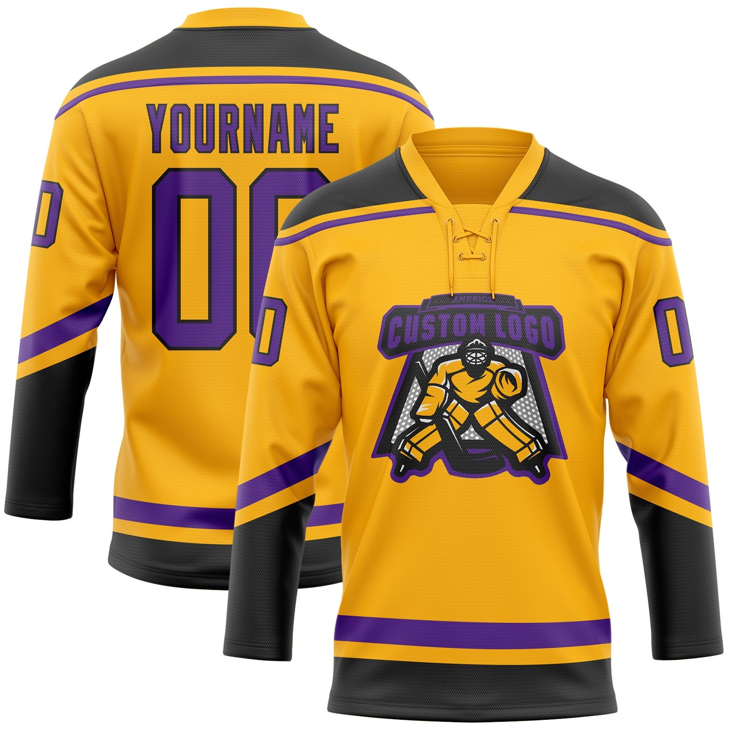 Custom Gold Purple-Black Hockey Lace Neck Jersey view 2