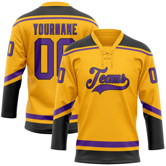 Custom Gold Purple-Black Hockey Lace Neck Jersey - Main View