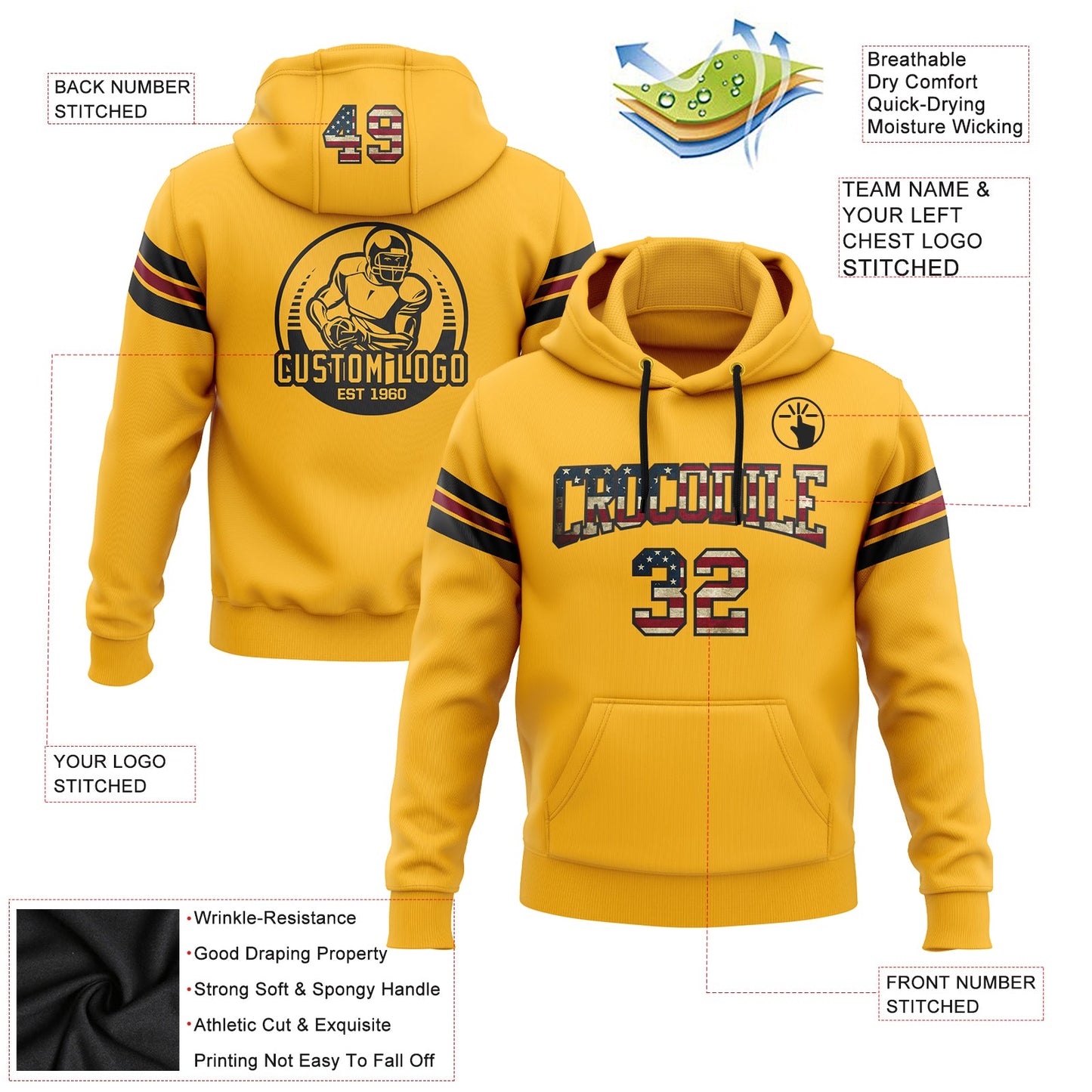 Custom Stitched Gold Vintage USA Flag Black-Crimson Football Pullover Sweatshirt Hoodie view 2