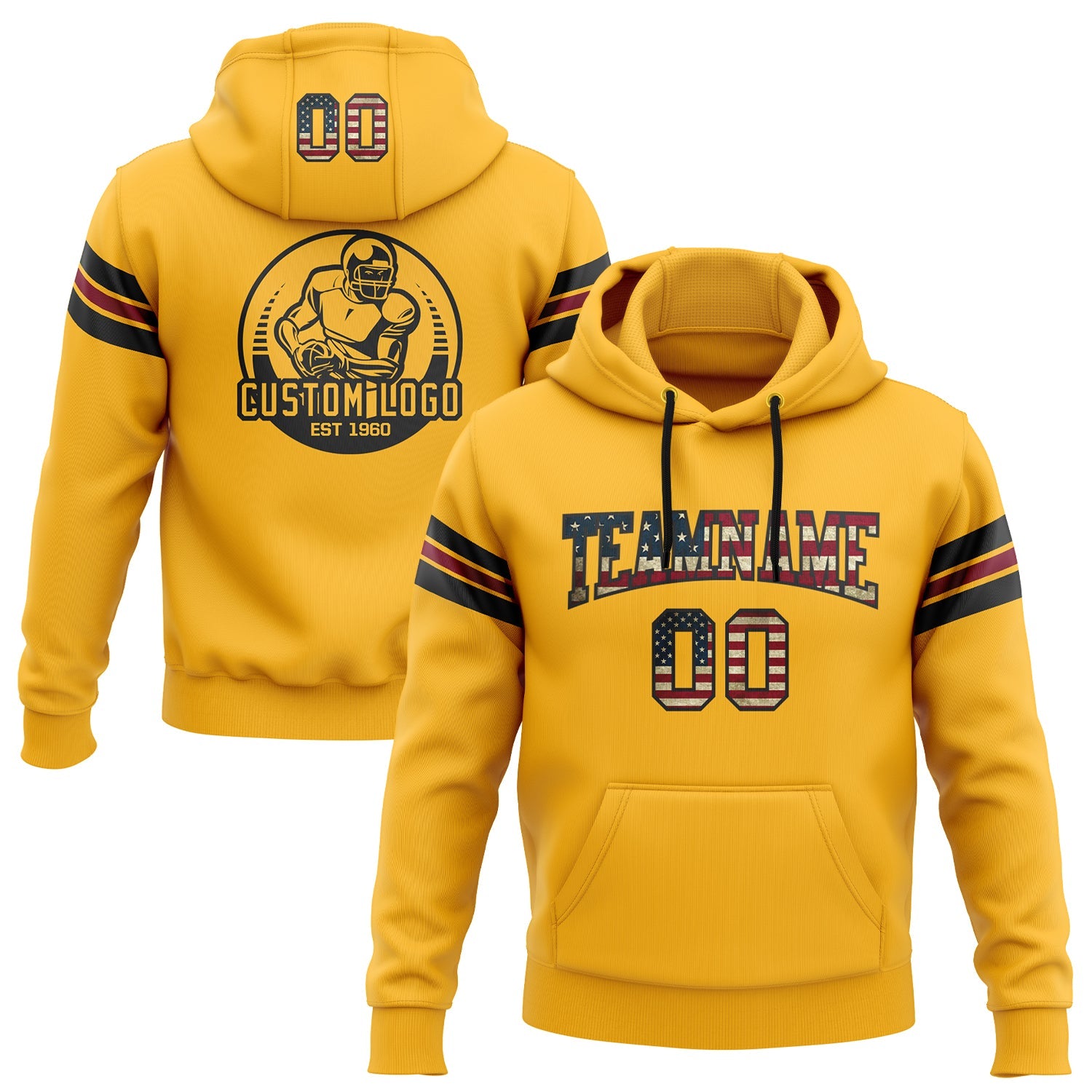 Custom Stitched Gold Vintage USA Flag Black-Crimson Football Pullover Sweatshirt Hoodie - Main View