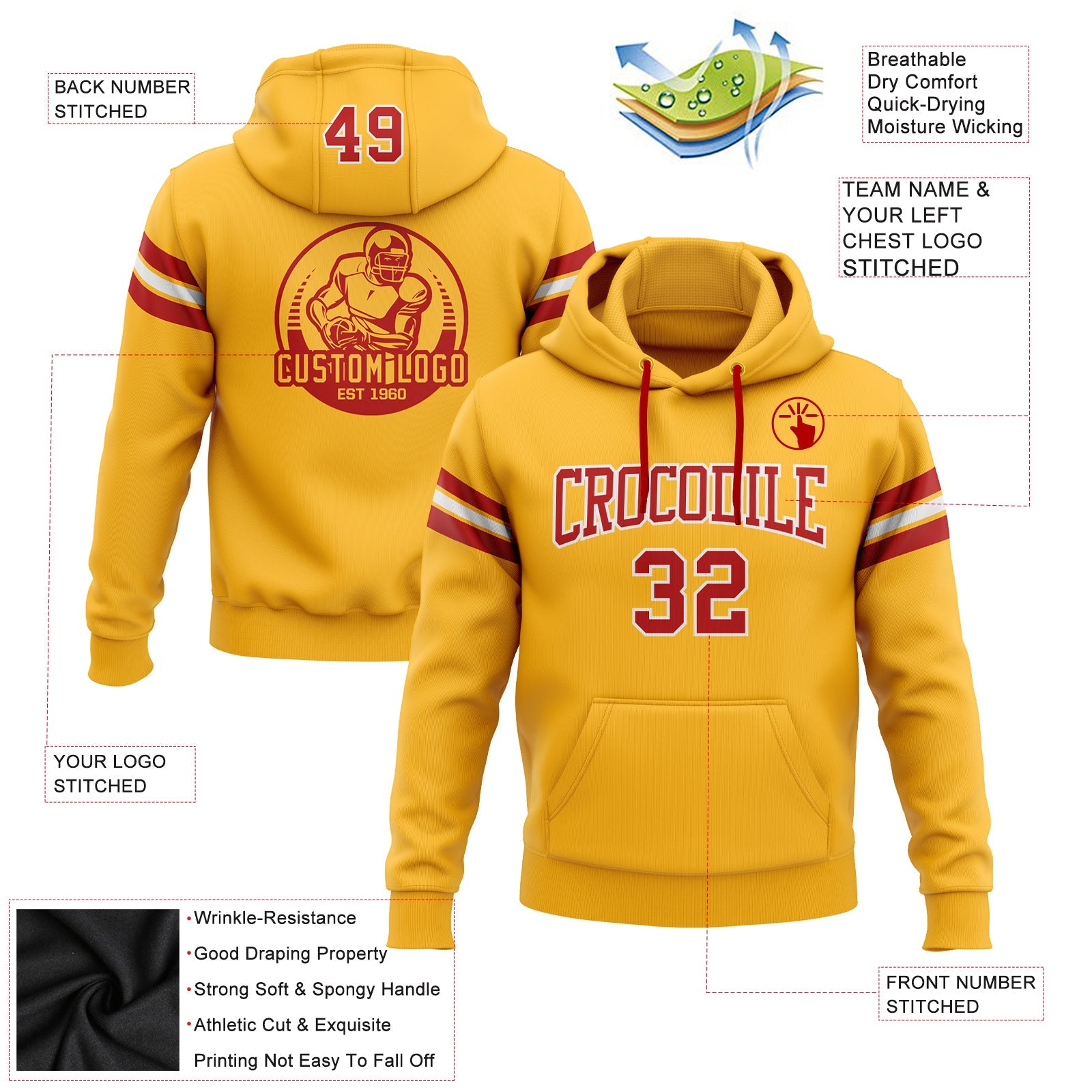 Custom Stitched Gold Red-White Football Pullover Sweatshirt Hoodie view 2