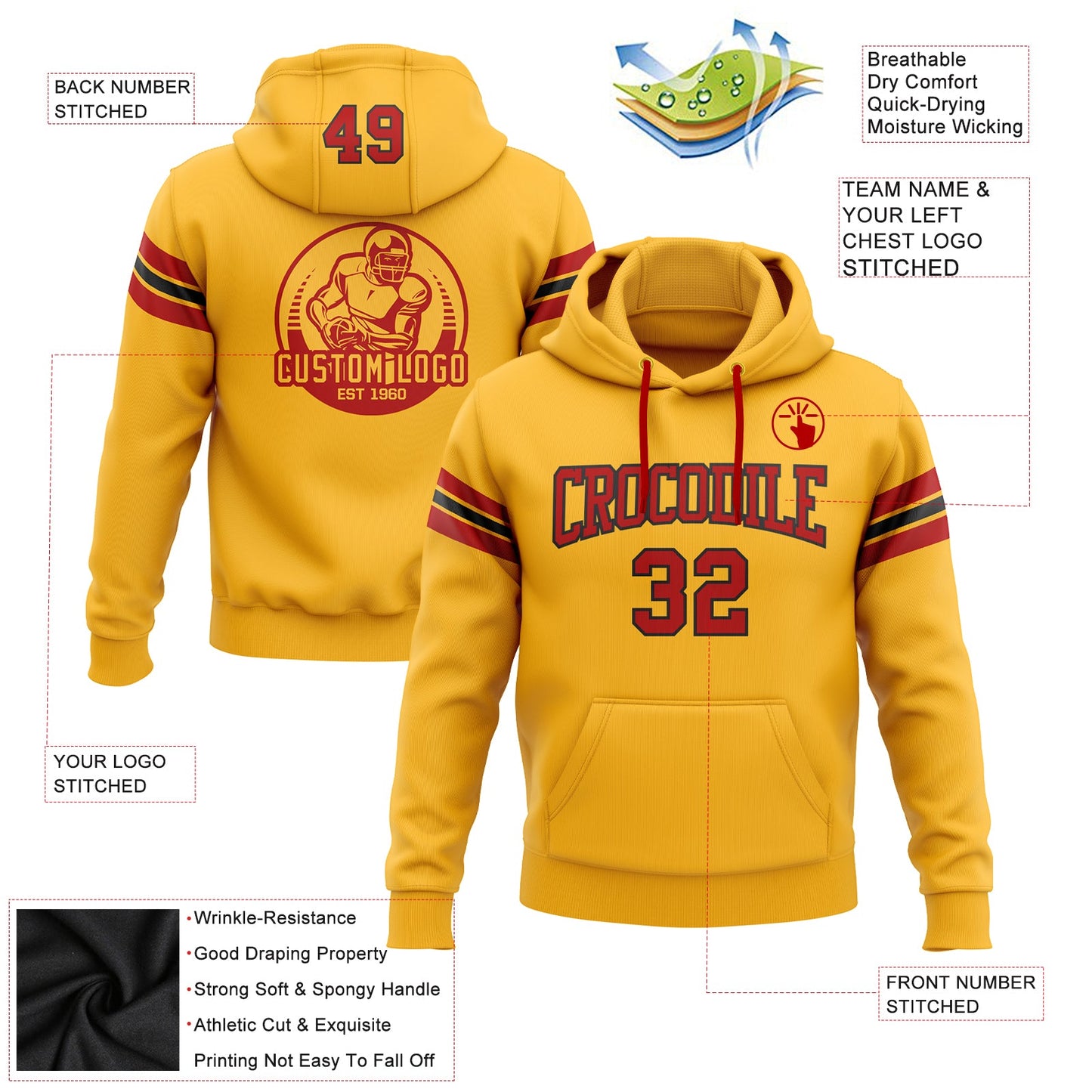 Custom Stitched Gold Red-Black Football Pullover Sweatshirt Hoodie view 2